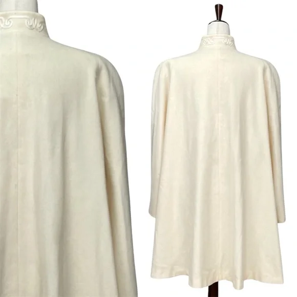 Alorna Vintage 90s Soutache Trim Button Front Ivory Wool Swing Coat - Picture 6 of 10